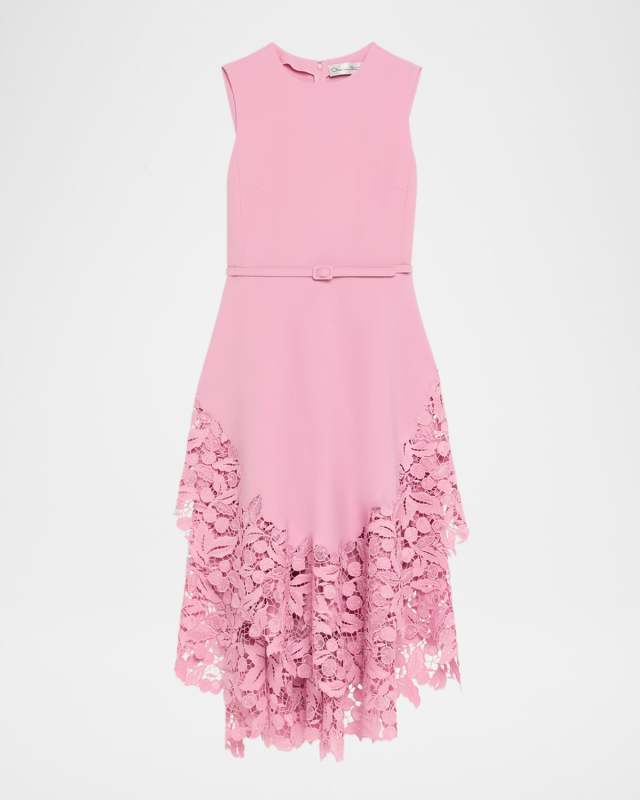 Sleeveless Cherry Guipure Embroidered High-Low Dress With Belt